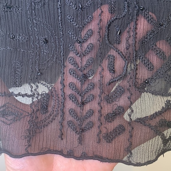 Chico’s | Black Silk Beaded Sheer Bell Sleeve Textured Embroidered Tunic Top 2 M - Picture 13 of 17